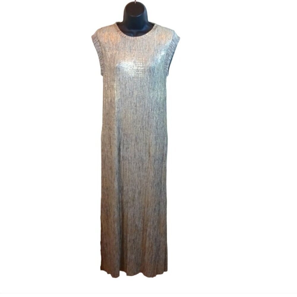 Akemi Kin Women's Sleeveless Crew Neck Metallic Knit Midi Dress Gray Gold  XXS
